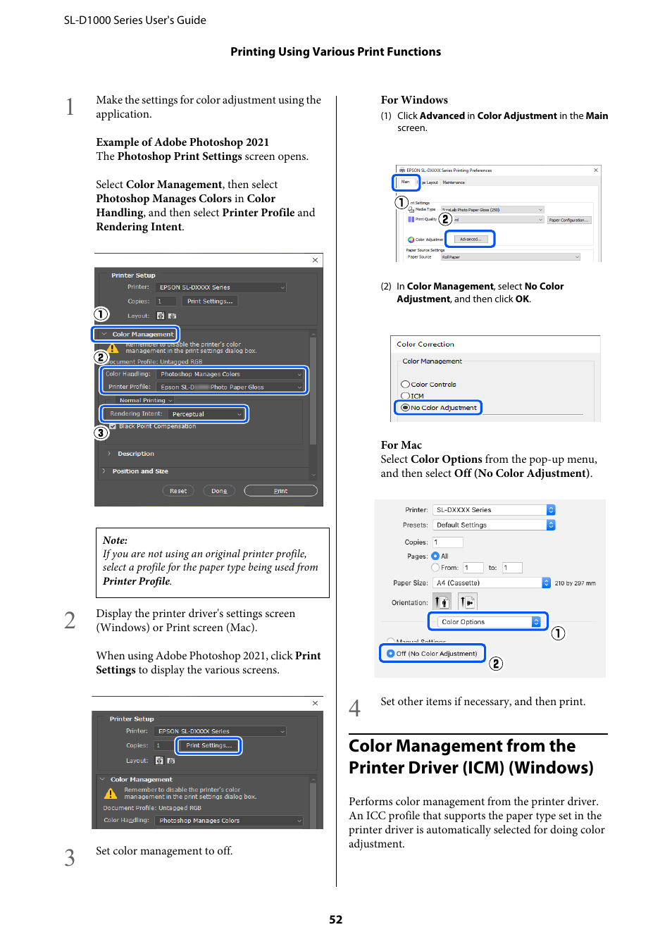 Color management from the printer driver (icm), Color management from the printer driver | Epson SureLab D1070 Professional Minilab Printer User Manual | Page 52 / 198