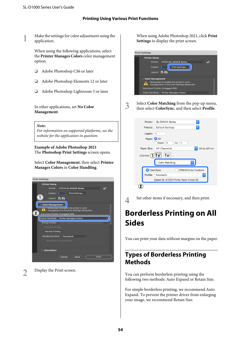 Borderless printing on all sides, Types of borderless printing methods | Epson SureLab D1070 Professional Minilab Printer User Manual | Page 54 / 198