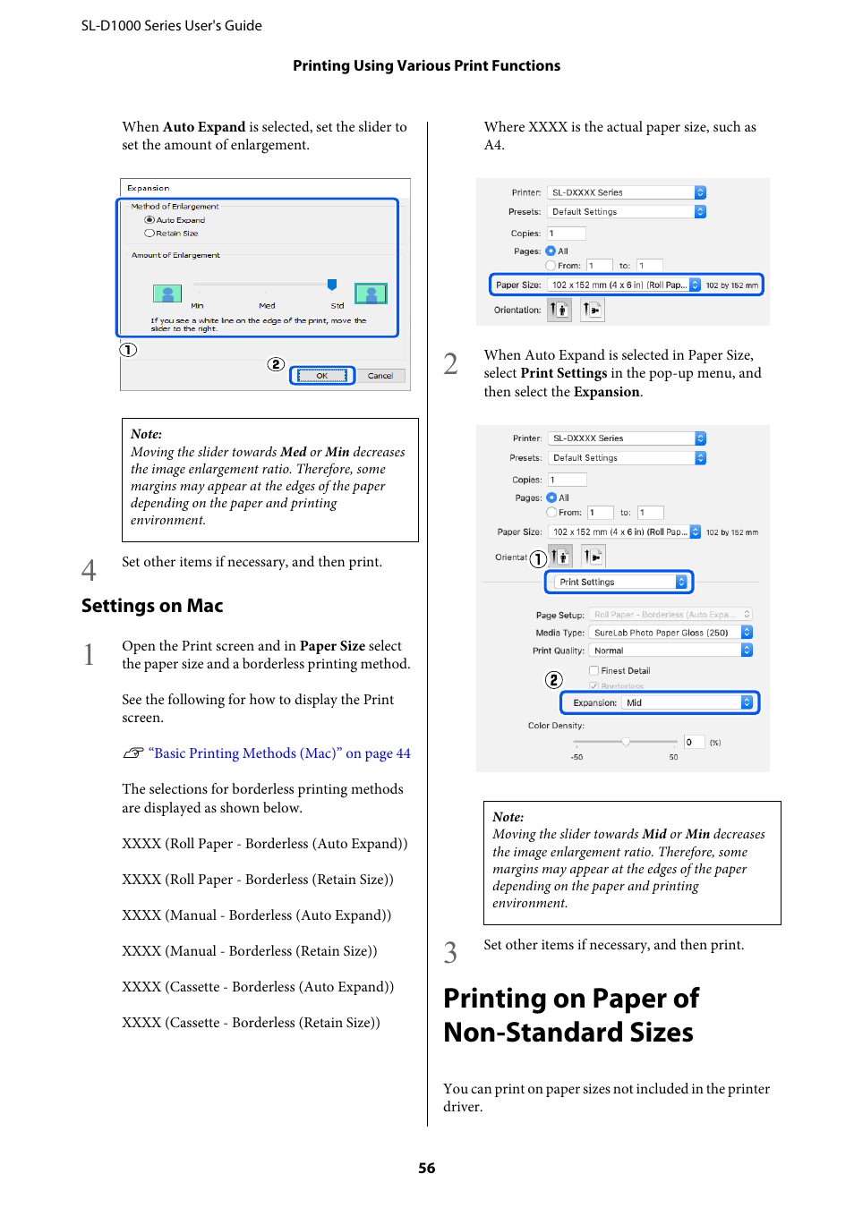 Printing on paper of non-standard sizes, Settings on mac | Epson SureLab D1070 Professional Minilab Printer User Manual | Page 56 / 198