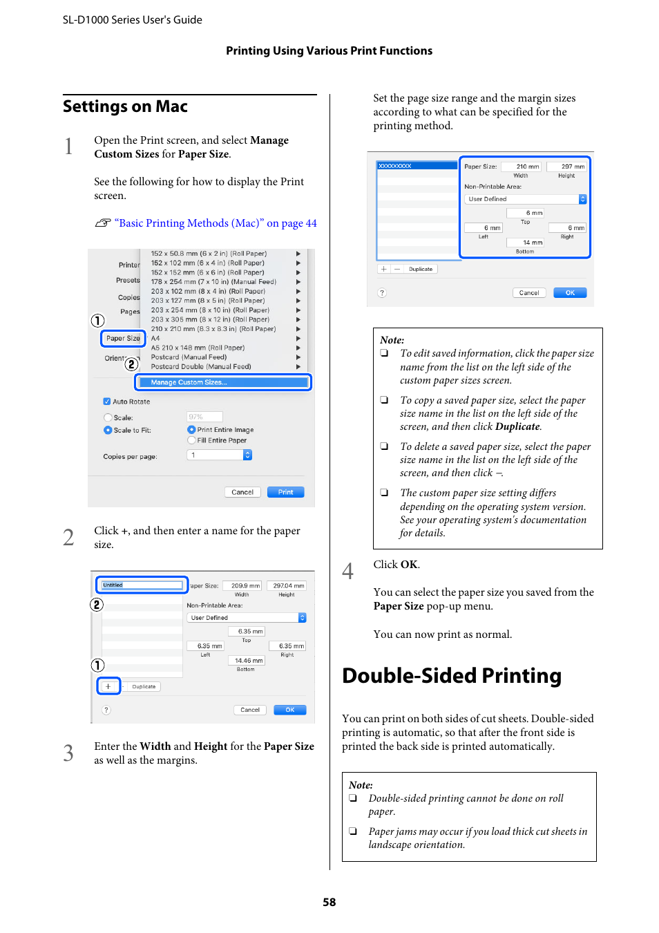 Settings on mac, Double-sided printing | Epson SureLab D1070 Professional Minilab Printer User Manual | Page 58 / 198