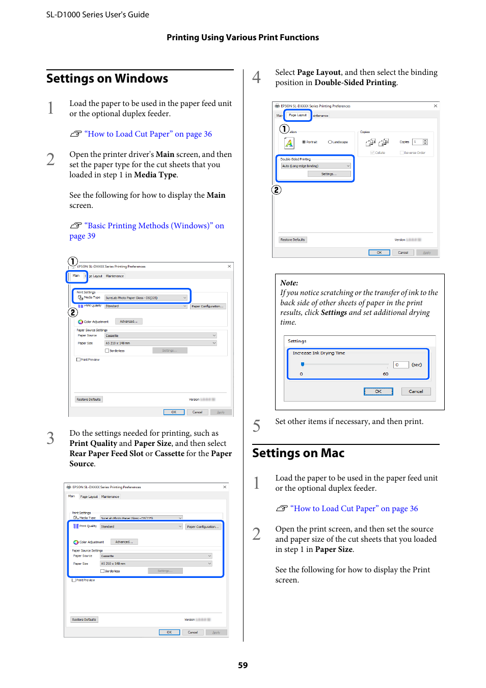 Settings on windows, Settings on mac, Settings on windows settings on mac | Epson SureLab D1070 Professional Minilab Printer User Manual | Page 59 / 198