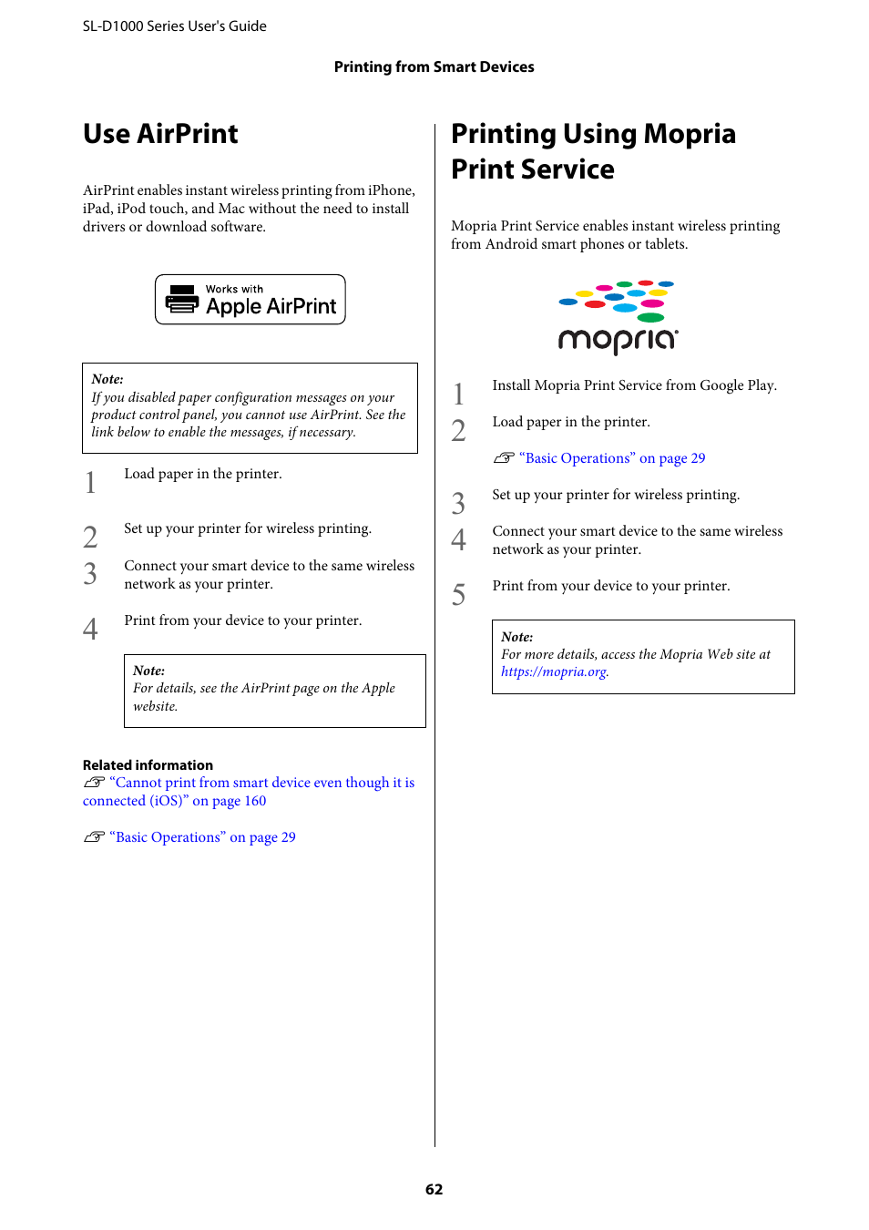 Use airprint, Printing using mopria print service, Use ai | Epson SureLab D1070 Professional Minilab Printer User Manual | Page 62 / 198