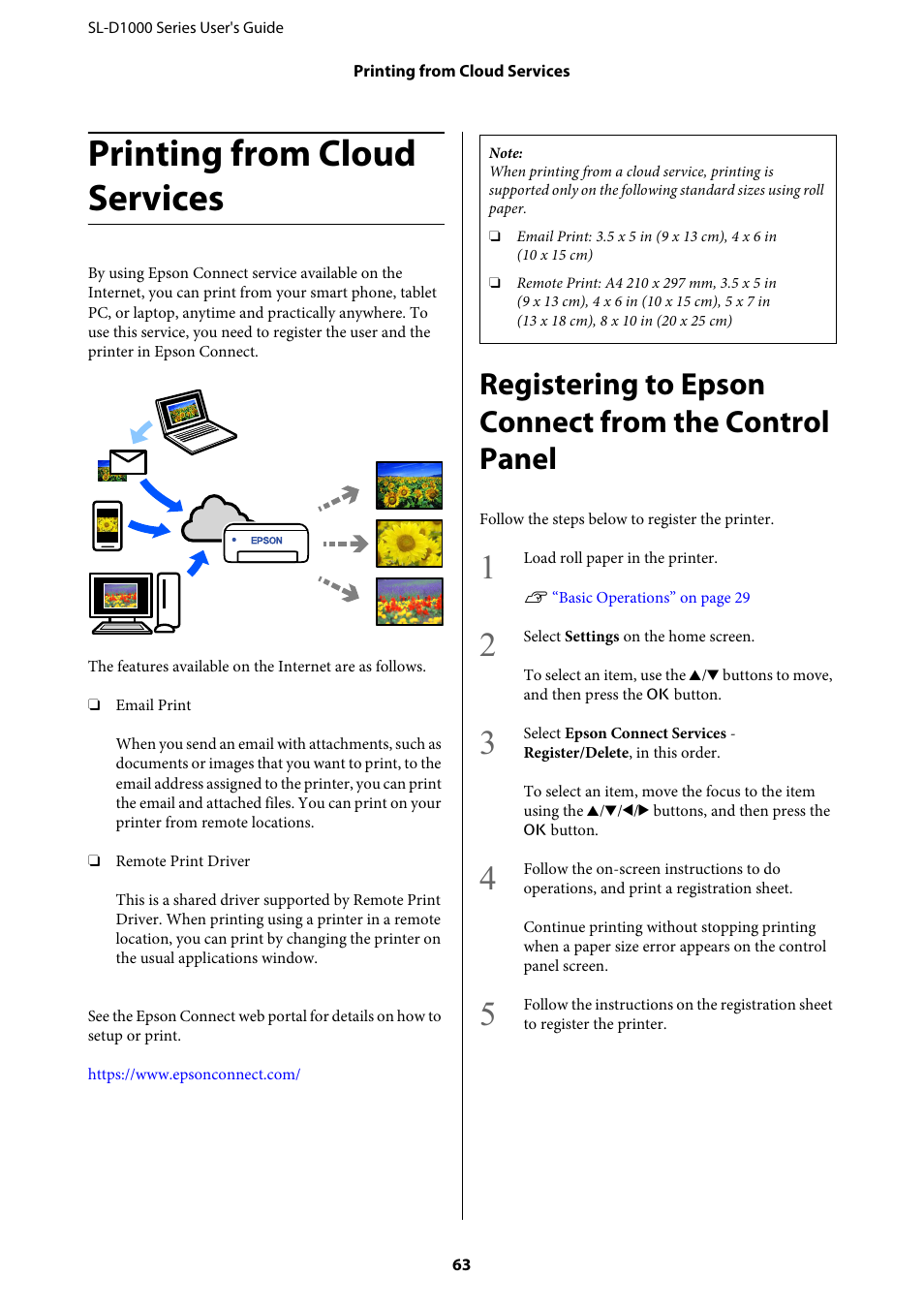 Printing from cloud services, Registering to epson connect | Epson SureLab D1070 Professional Minilab Printer User Manual | Page 63 / 198