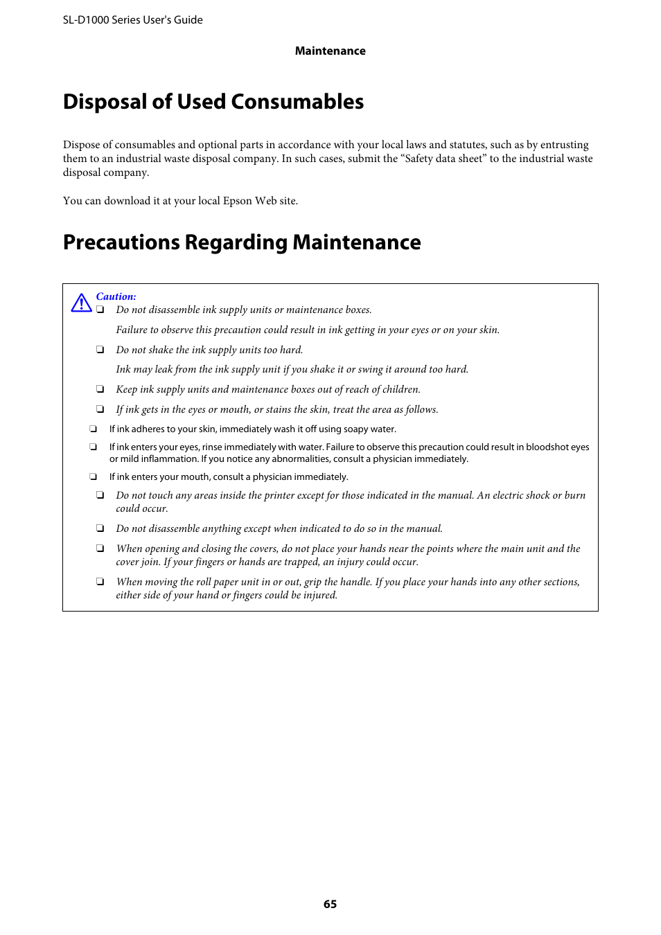 Disposal of used consumables, Precautions regarding maintenance | Epson SureLab D1070 Professional Minilab Printer User Manual | Page 65 / 198