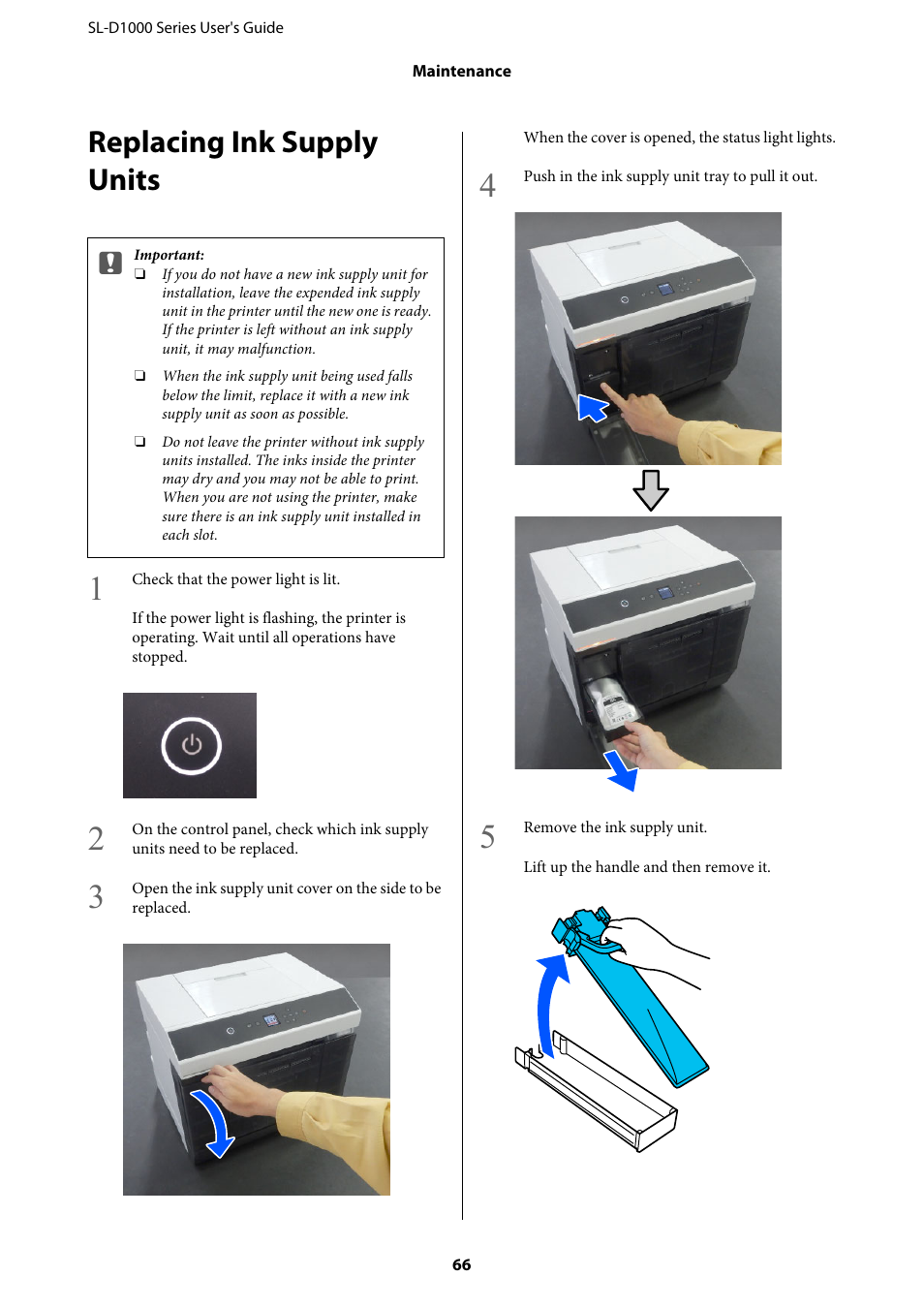 Replacing ink supply units, Replacing ink su, Replacing ink supply units” on | Epson SureLab D1070 Professional Minilab Printer User Manual | Page 66 / 198