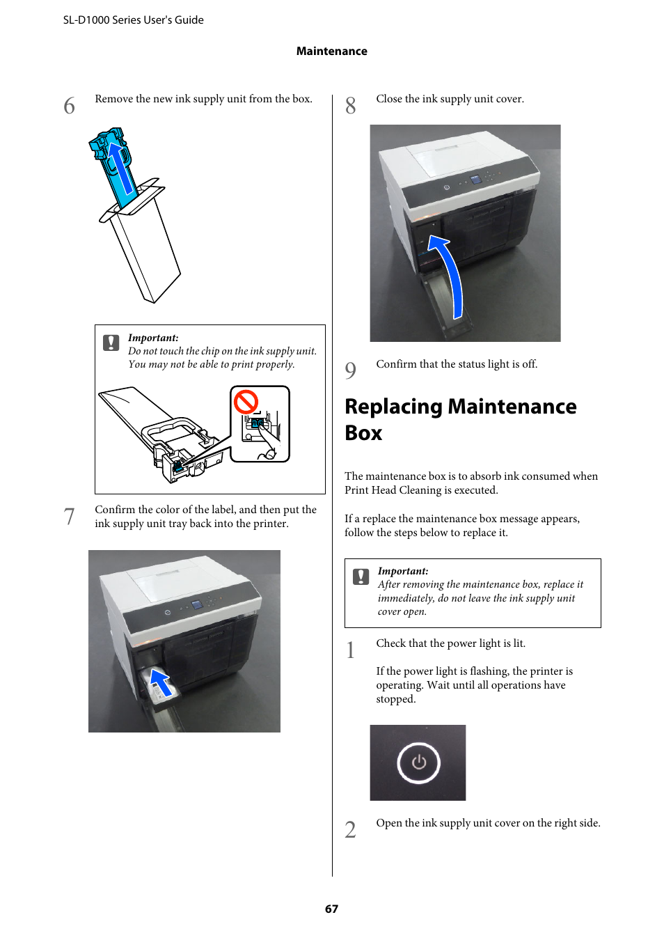 Replacing maintenance box, Replacing ma, Replacing maintenance box” on | Epson SureLab D1070 Professional Minilab Printer User Manual | Page 67 / 198