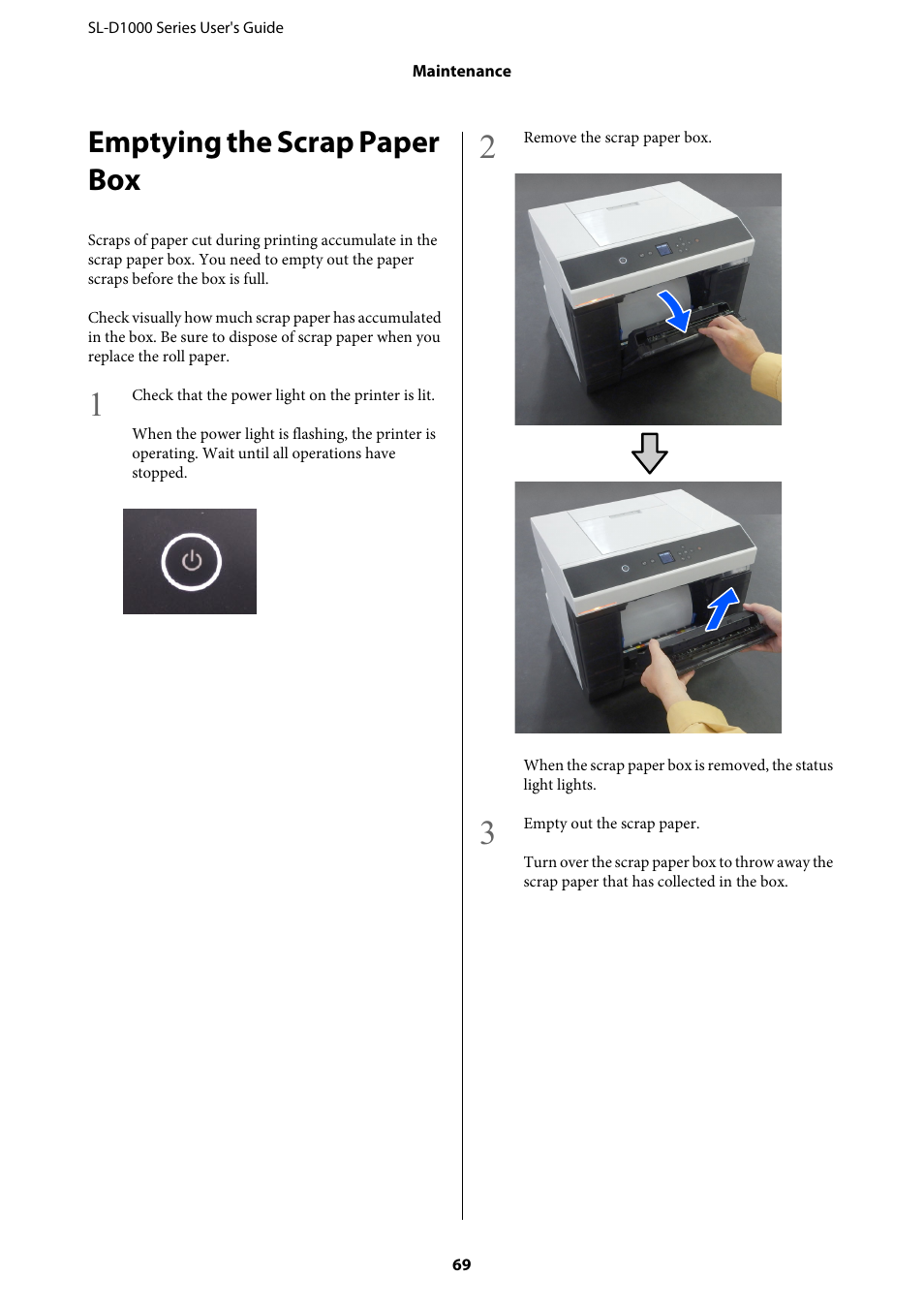 Emptying the scrap paper box | Epson SureLab D1070 Professional Minilab Printer User Manual | Page 69 / 198