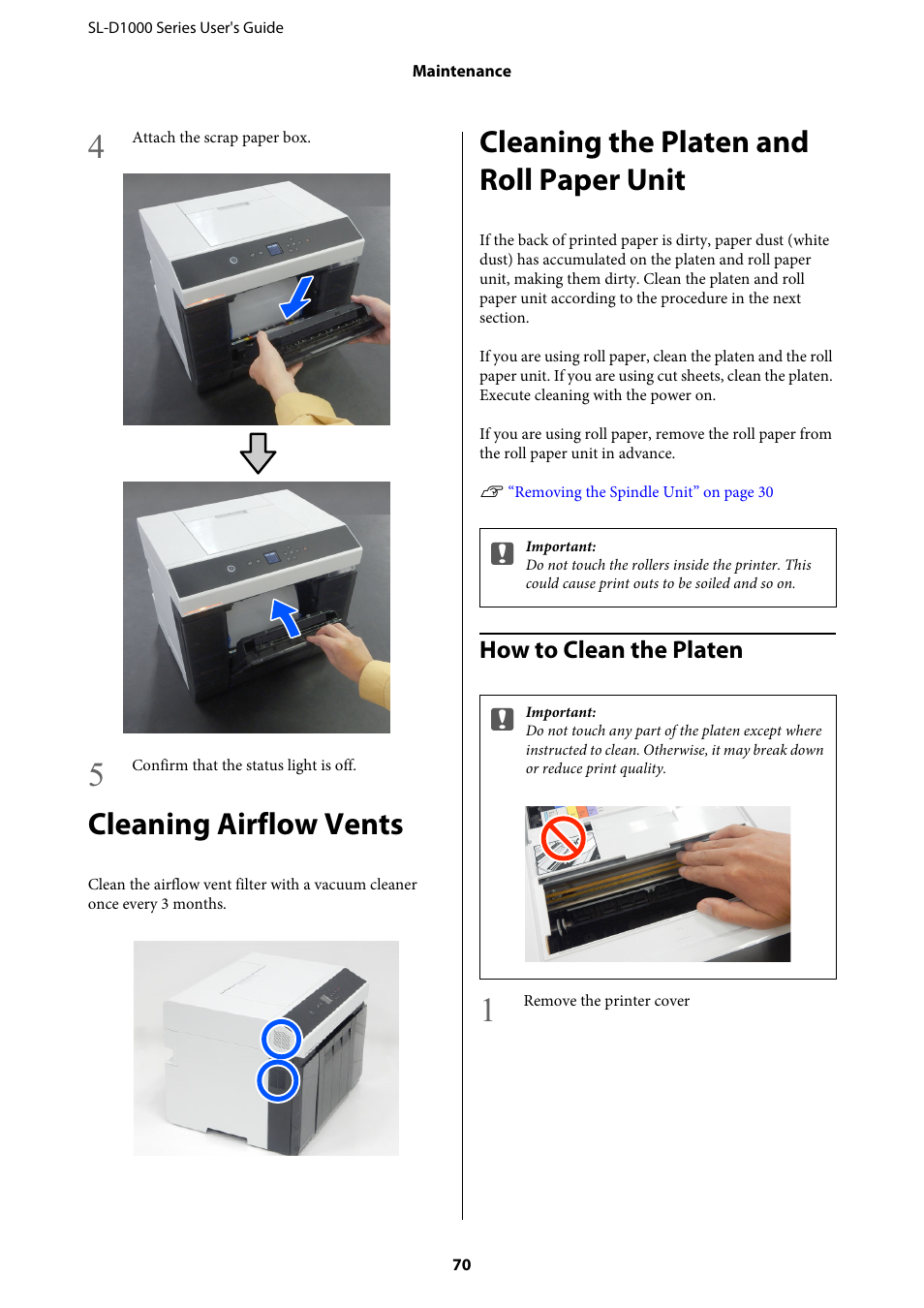 Cleaning airflow vents, Cleaning the platen and roll paper unit, How to clean the platen | Cleaning the pl, Cleaning the platen and roll | Epson SureLab D1070 Professional Minilab Printer User Manual | Page 70 / 198