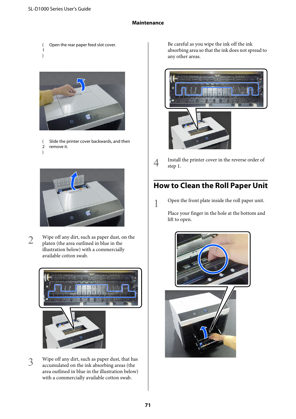 How to clean the roll paper unit, How to clean the roll pa | Epson SureLab D1070 Professional Minilab Printer User Manual | Page 71 / 198