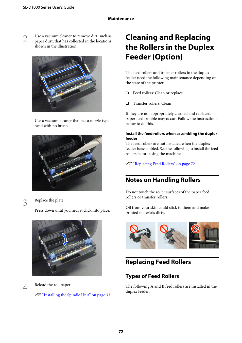 Notes on handling rollers, Replacing feed rollers, Cleaning and replacing the rollers in the duple | Notes on handling rollers replacing feed rollers, Cleaning and replacing the | Epson SureLab D1070 Professional Minilab Printer User Manual | Page 72 / 198