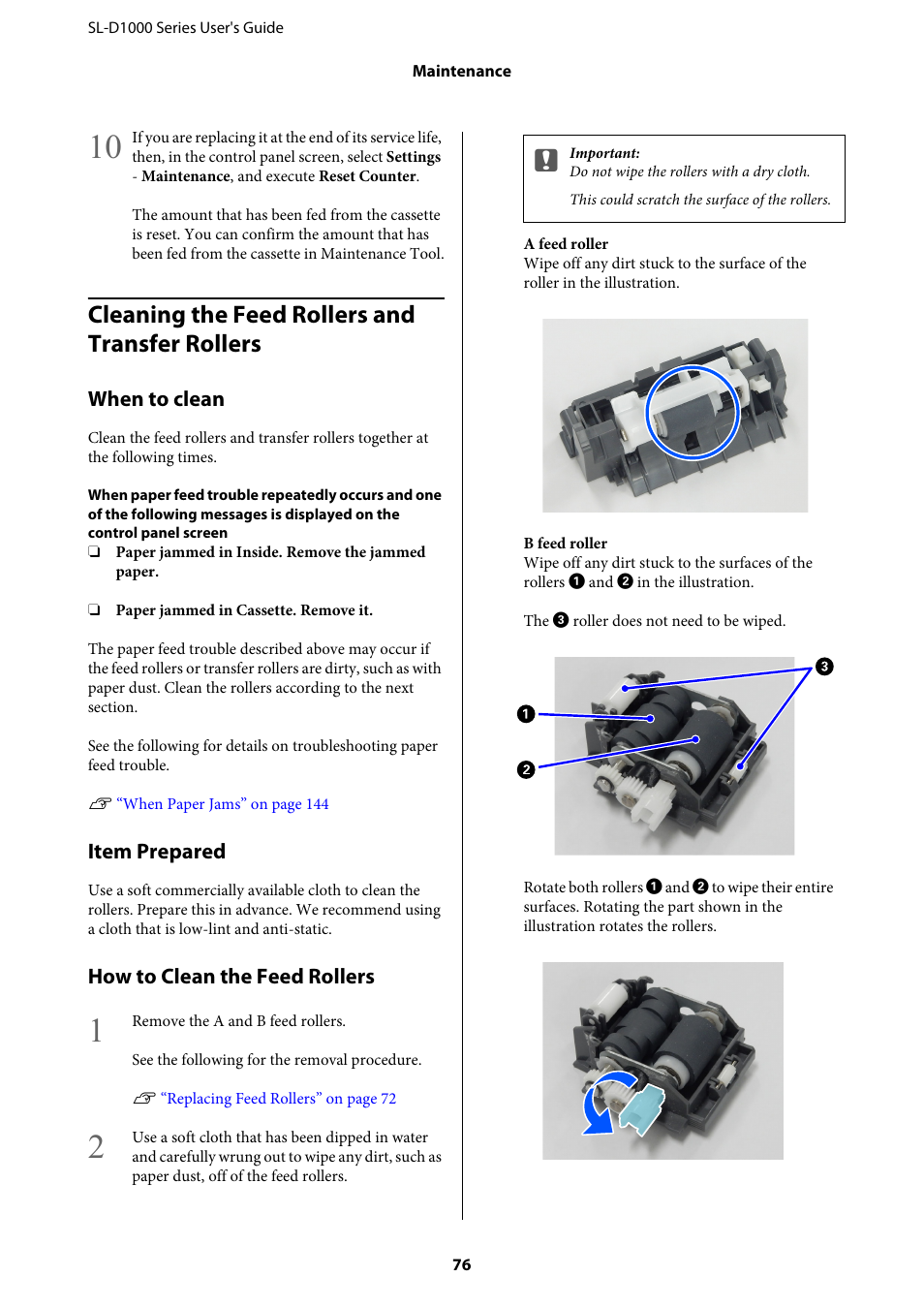Cleaning the feed rollers and transfer rollers, When to clean, Item prepared | How to clean the feed rollers | Epson SureLab D1070 Professional Minilab Printer User Manual | Page 76 / 198