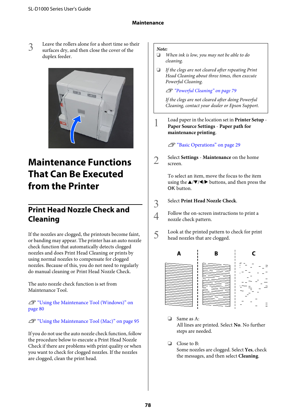 Print head nozzle check and cleaning, Print head nozzle check, Print head nozzle check and | Epson SureLab D1070 Professional Minilab Printer User Manual | Page 78 / 198