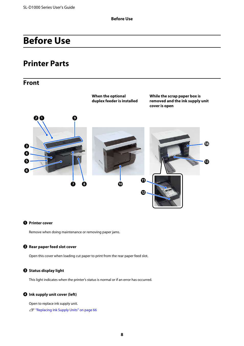 Before use, Printer parts, Front | Epson SureLab D1070 Professional Minilab Printer User Manual | Page 8 / 198
