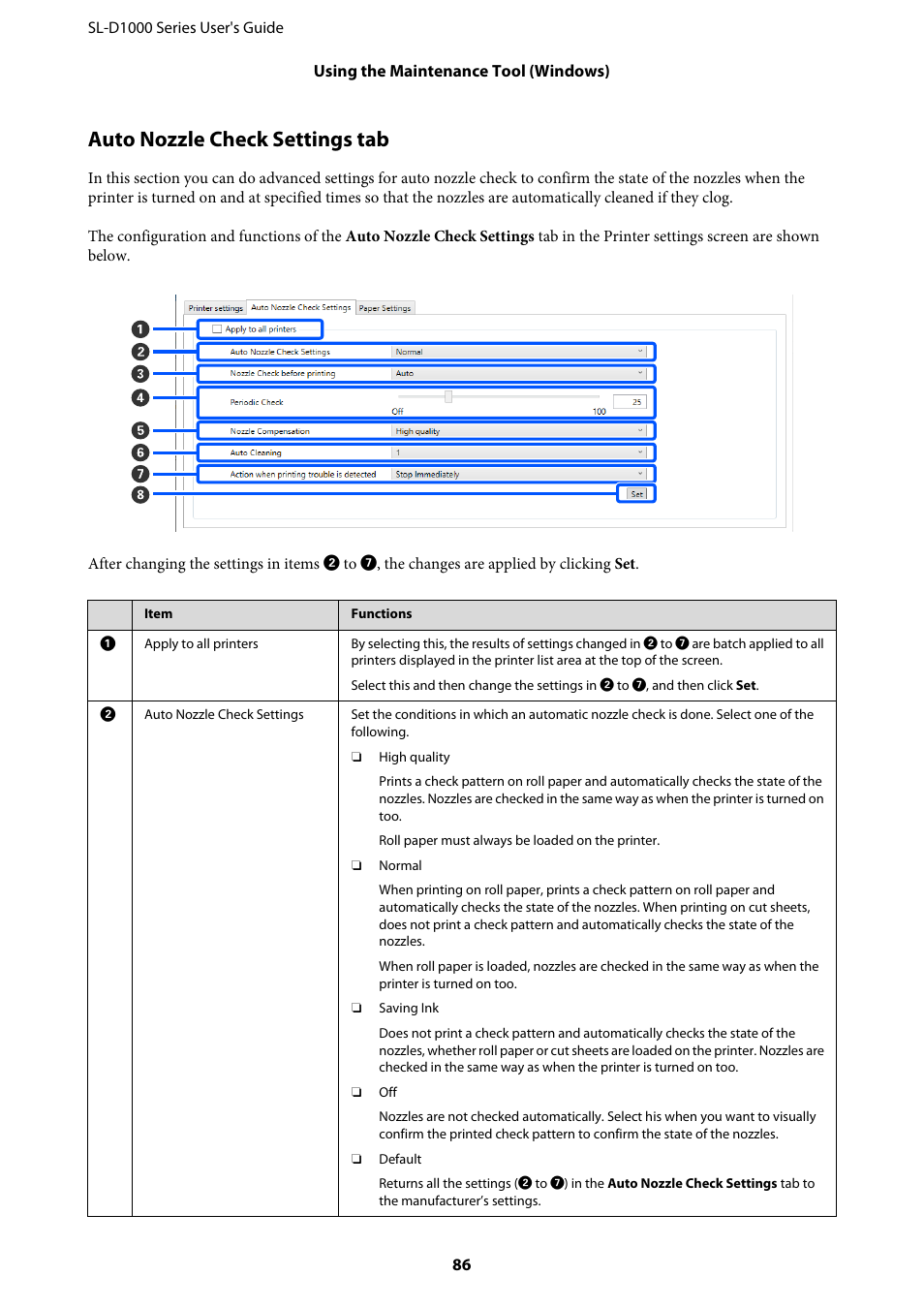 Auto nozzle check settings tab | Epson SureLab D1070 Professional Minilab Printer User Manual | Page 86 / 198