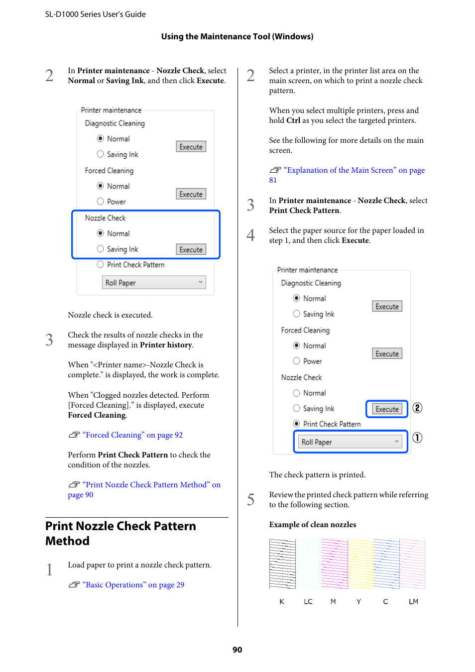 Print nozzle check pattern method | Epson SureLab D1070 Professional Minilab Printer User Manual | Page 90 / 198