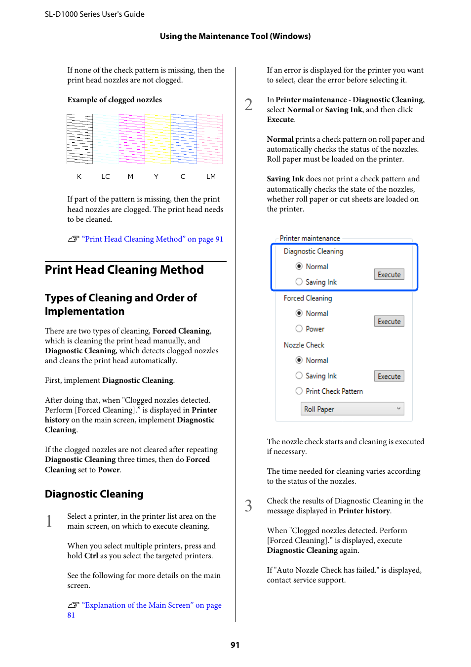 Print head cleaning method, Types of cleaning and order of implementation, Diagnostic cleaning | Epson SureLab D1070 Professional Minilab Printer User Manual | Page 91 / 198