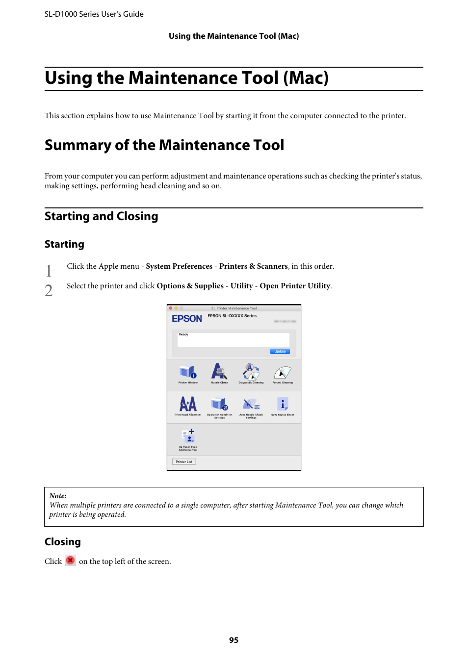 Using the maintenance tool (mac), Summary of the maintenance tool, Starting and closing | Epson SureLab D1070 Professional Minilab Printer User Manual | Page 95 / 198