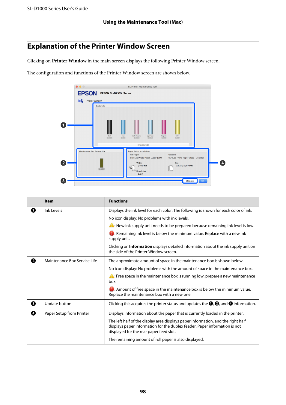 Explanation of the printer window screen, Explanation of the printer window | Epson SureLab D1070 Professional Minilab Printer User Manual | Page 98 / 198