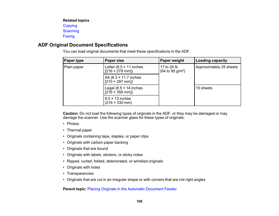 Adf original document specifications | Epson EcoTank Pro ET-5150 Wireless All-in-One Supertank Printer User Manual | Page 100 / 387