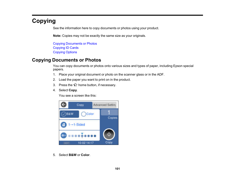 Copying, Copying documents or photos | Epson EcoTank Pro ET-5150 Wireless All-in-One Supertank Printer User Manual | Page 101 / 387