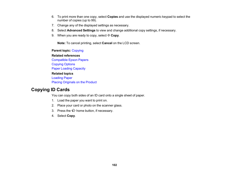 Copying id cards | Epson EcoTank Pro ET-5150 Wireless All-in-One Supertank Printer User Manual | Page 102 / 387