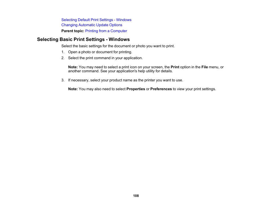 Selecting basic print settings - windows | Epson EcoTank Pro ET-5150 Wireless All-in-One Supertank Printer User Manual | Page 108 / 387