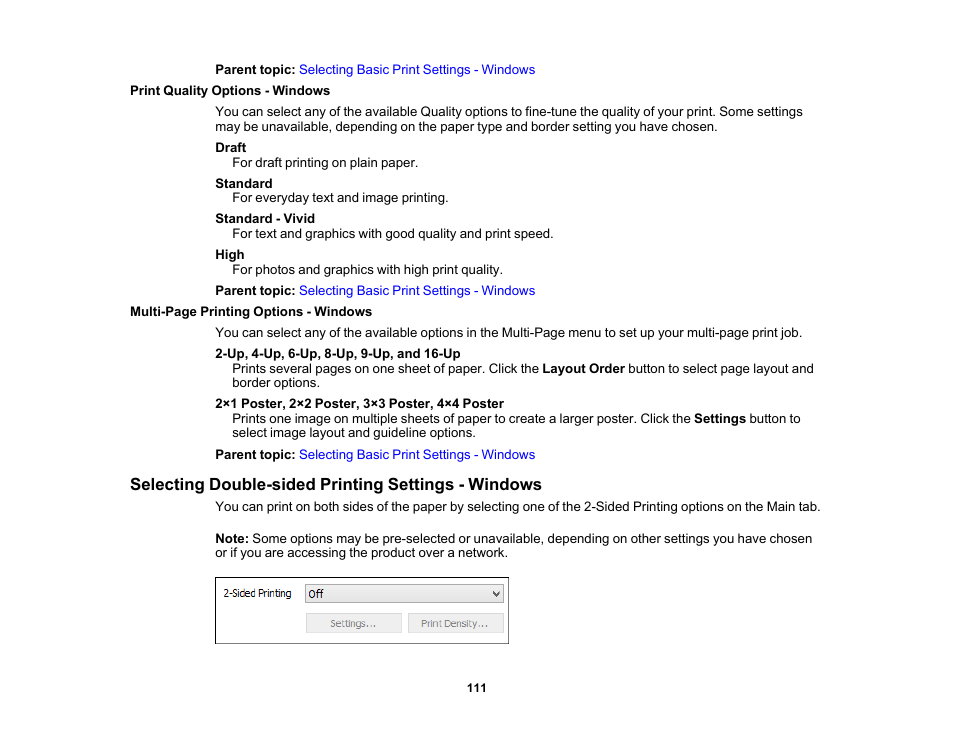 Print quality options - windows, Selecting double-sided printing settings - windows | Epson EcoTank Pro ET-5150 Wireless All-in-One Supertank Printer User Manual | Page 111 / 387