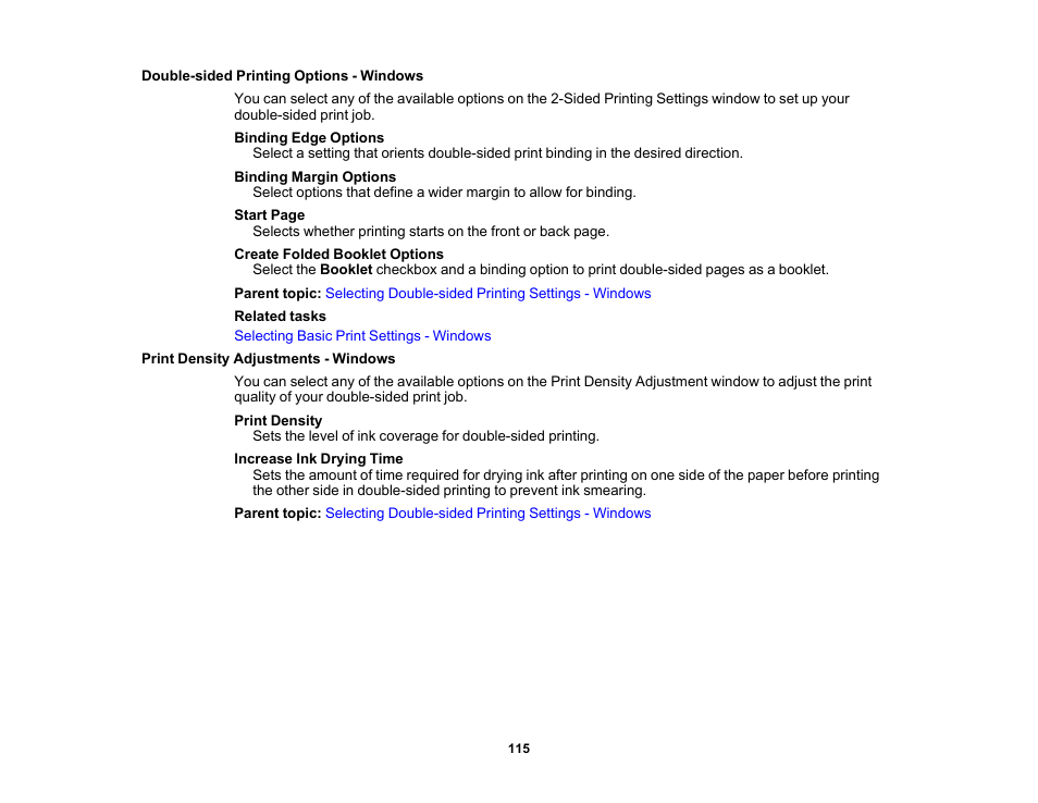 Double-sided printing options - windows, Print density adjustments - windows | Epson EcoTank Pro ET-5150 Wireless All-in-One Supertank Printer User Manual | Page 115 / 387