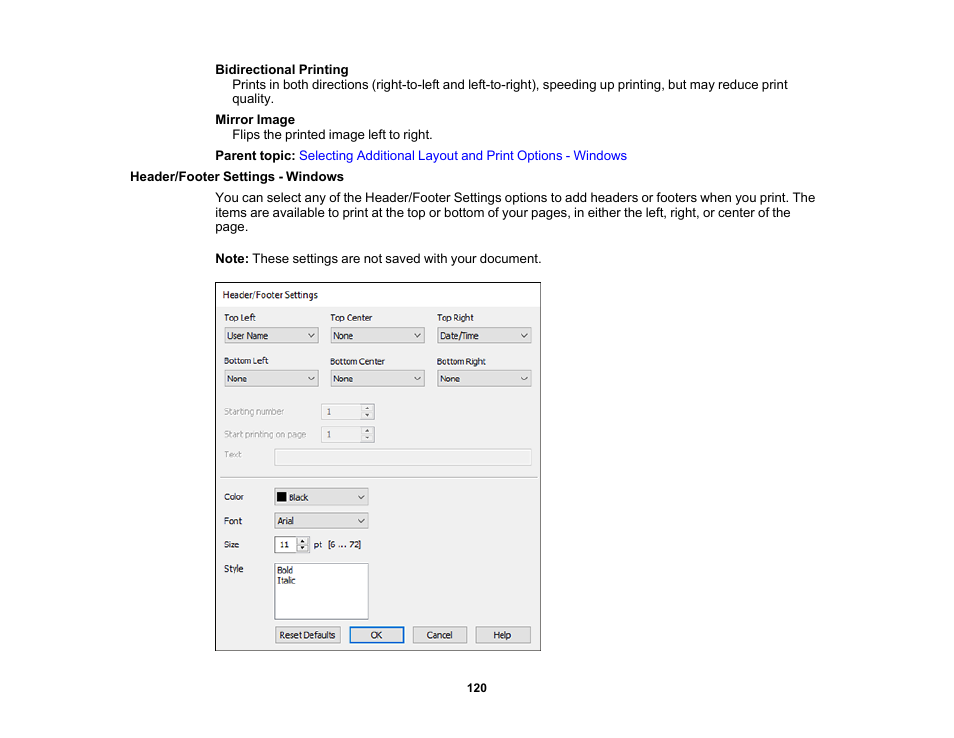 Header/footer settings - windows | Epson EcoTank Pro ET-5150 Wireless All-in-One Supertank Printer User Manual | Page 120 / 387