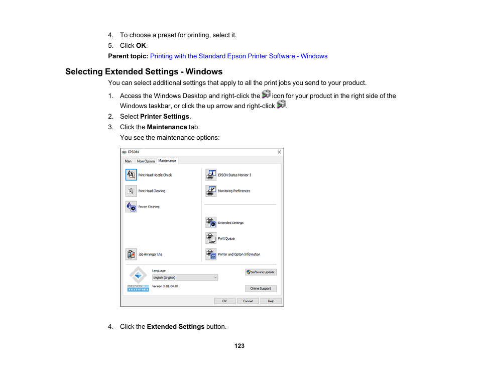 Selecting extended settings - windows | Epson EcoTank Pro ET-5150 Wireless All-in-One Supertank Printer User Manual | Page 123 / 387