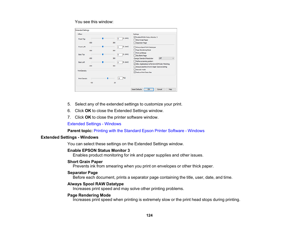 Extended settings - windows | Epson EcoTank Pro ET-5150 Wireless All-in-One Supertank Printer User Manual | Page 124 / 387