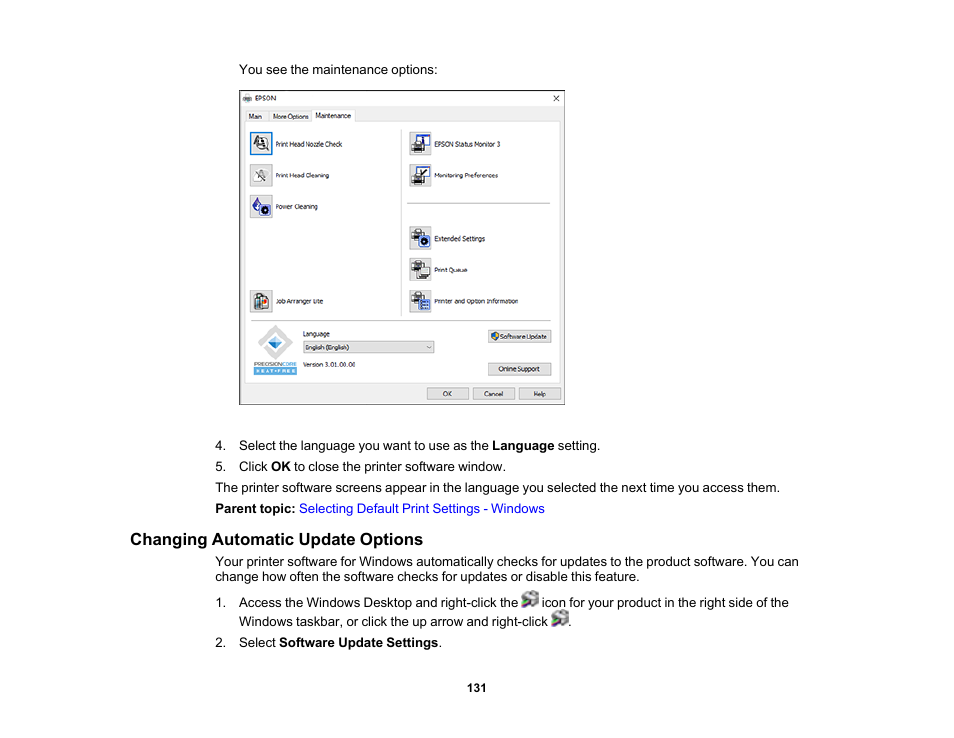 Changing automatic update options | Epson EcoTank Pro ET-5150 Wireless All-in-One Supertank Printer User Manual | Page 131 / 387