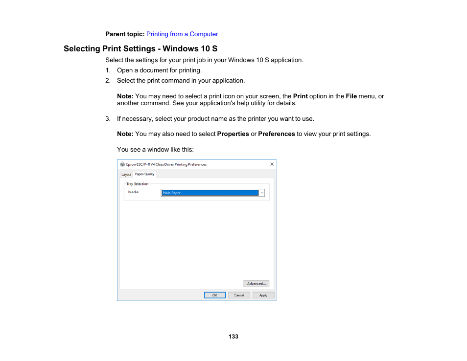 Selecting print settings - windows 10 s | Epson EcoTank Pro ET-5150 Wireless All-in-One Supertank Printer User Manual | Page 133 / 387