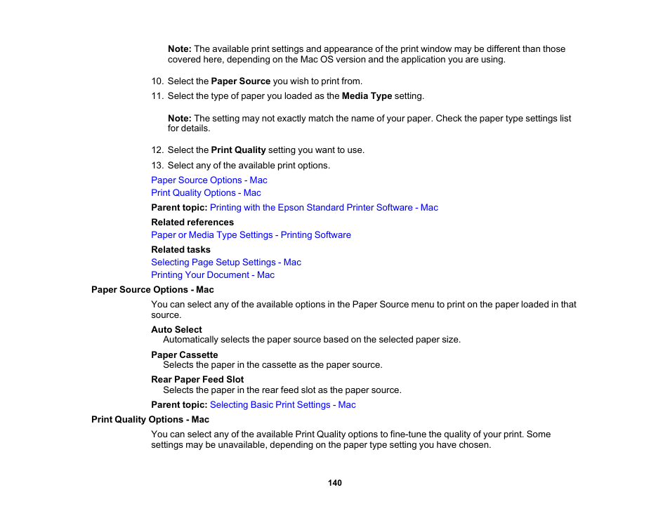 Paper source options - mac, Print quality options - mac | Epson EcoTank Pro ET-5150 Wireless All-in-One Supertank Printer User Manual | Page 140 / 387