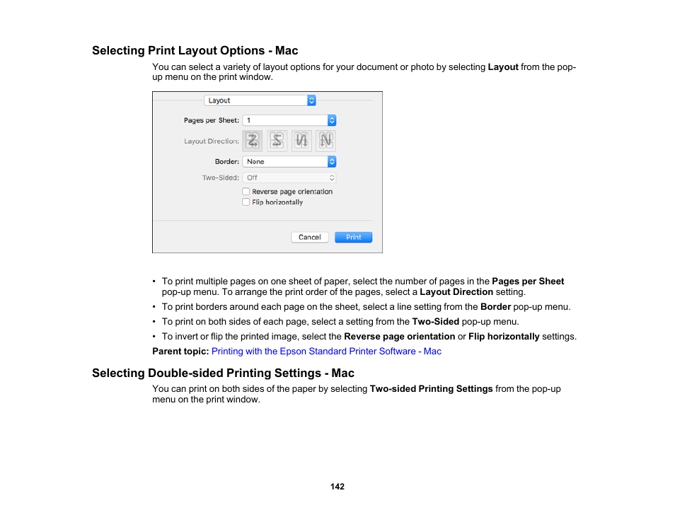 Selecting print layout options - mac, Selecting double-sided printing settings - mac | Epson EcoTank Pro ET-5150 Wireless All-in-One Supertank Printer User Manual | Page 142 / 387