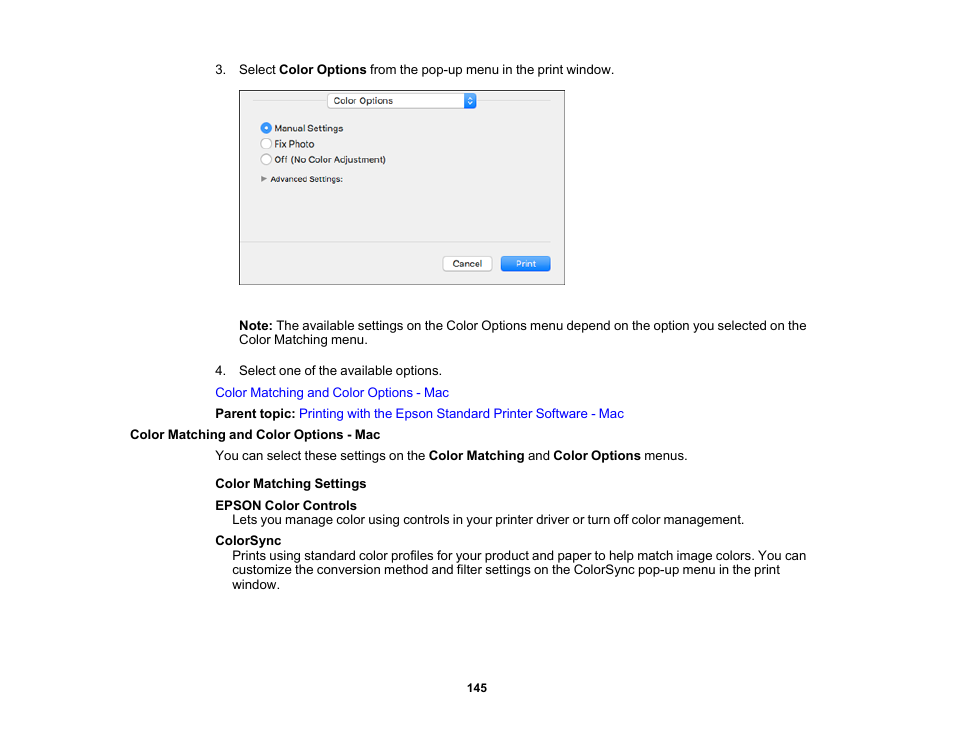 Color matching and color options - mac | Epson EcoTank Pro ET-5150 Wireless All-in-One Supertank Printer User Manual | Page 145 / 387