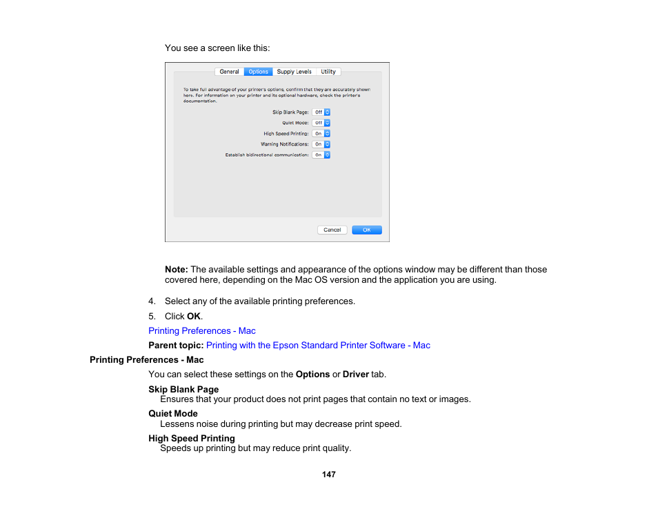 Printing preferences - mac | Epson EcoTank Pro ET-5150 Wireless All-in-One Supertank Printer User Manual | Page 147 / 387