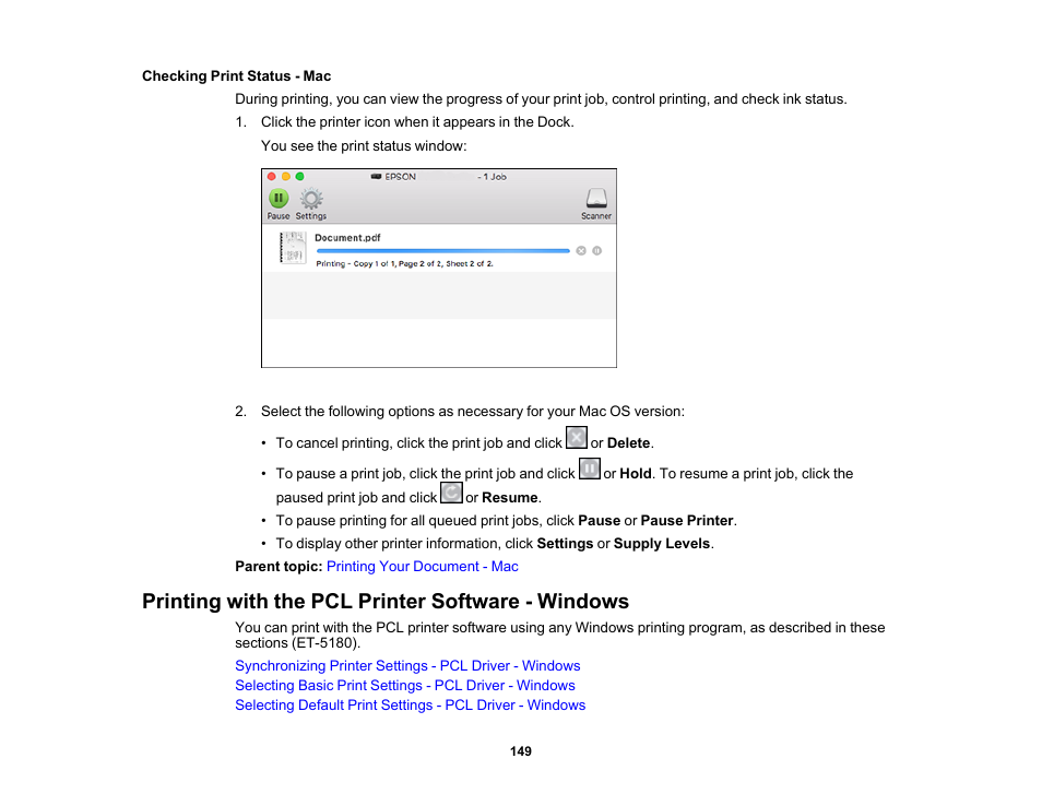 Checking print status - mac, Printing with the pcl printer software - windows | Epson EcoTank Pro ET-5150 Wireless All-in-One Supertank Printer User Manual | Page 149 / 387