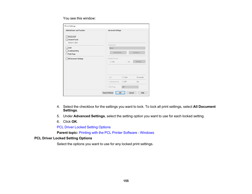 Pcl driver locked setting options | Epson EcoTank Pro ET-5150 Wireless All-in-One Supertank Printer User Manual | Page 155 / 387