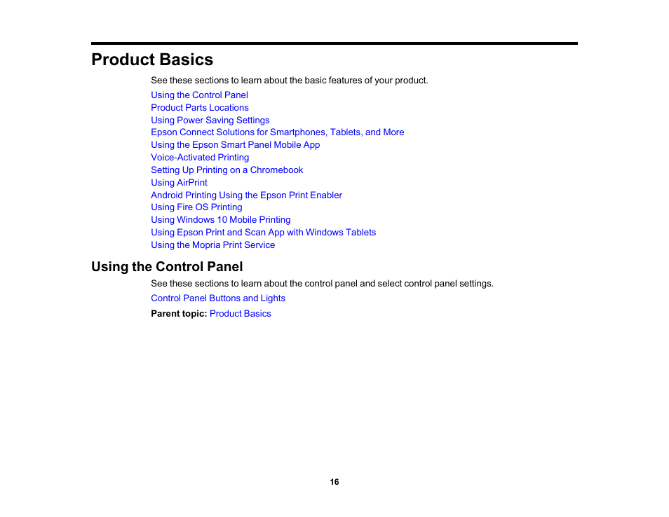 Product basics, Using the control panel | Epson EcoTank Pro ET-5150 Wireless All-in-One Supertank Printer User Manual | Page 16 / 387