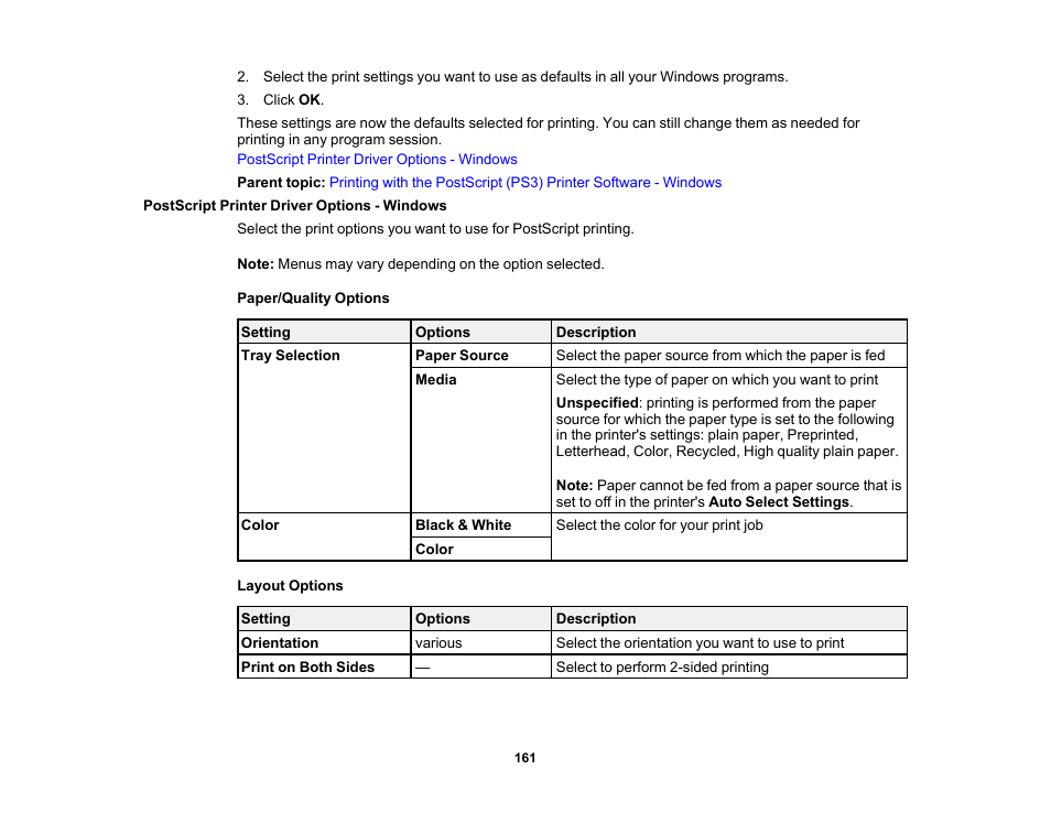 Postscript printer driver options - windows | Epson EcoTank Pro ET-5150 Wireless All-in-One Supertank Printer User Manual | Page 161 / 387