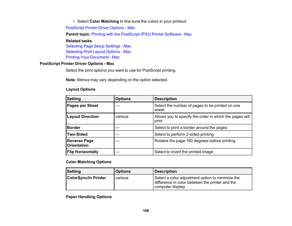 Postscript printer driver options - mac | Epson EcoTank Pro ET-5150 Wireless All-in-One Supertank Printer User Manual | Page 168 / 387