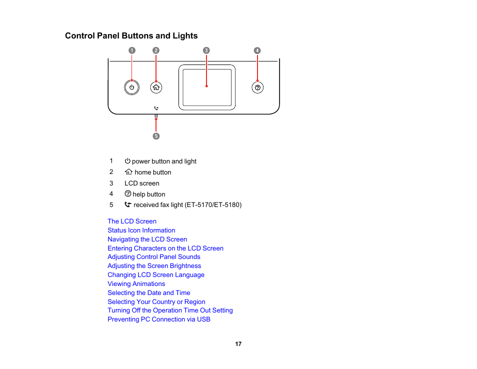 Control panel buttons and lights | Epson EcoTank Pro ET-5150 Wireless All-in-One Supertank Printer User Manual | Page 17 / 387