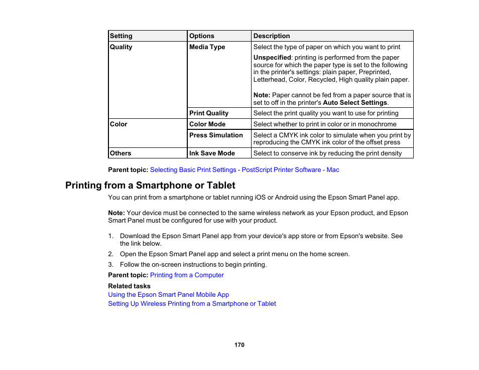 Printing from a smartphone or tablet | Epson EcoTank Pro ET-5150 Wireless All-in-One Supertank Printer User Manual | Page 170 / 387