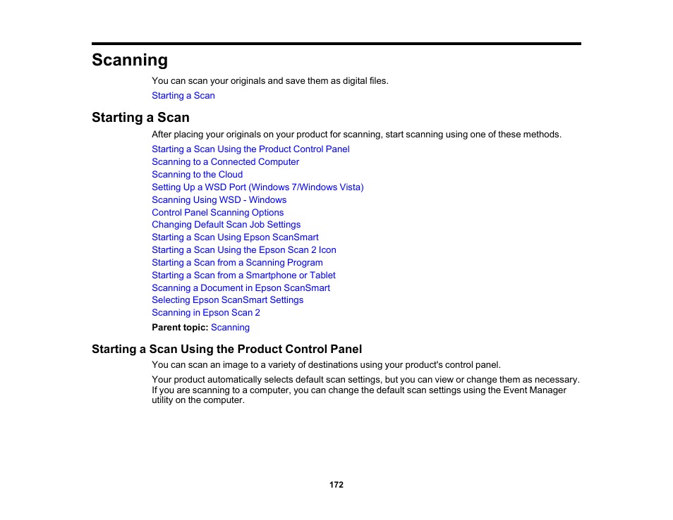 Scanning, Starting a scan, Starting a scan using the product control panel | Epson EcoTank Pro ET-5150 Wireless All-in-One Supertank Printer User Manual | Page 172 / 387