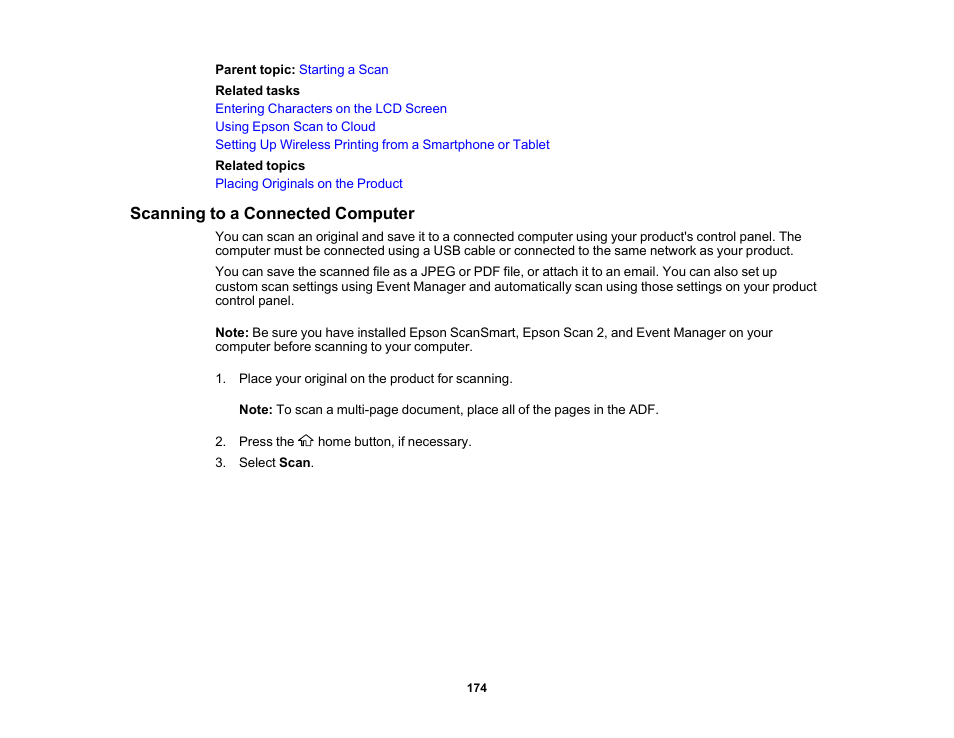 Scanning to a connected computer | Epson EcoTank Pro ET-5150 Wireless All-in-One Supertank Printer User Manual | Page 174 / 387