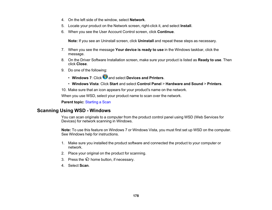 Scanning using wsd - windows | Epson EcoTank Pro ET-5150 Wireless All-in-One Supertank Printer User Manual | Page 178 / 387