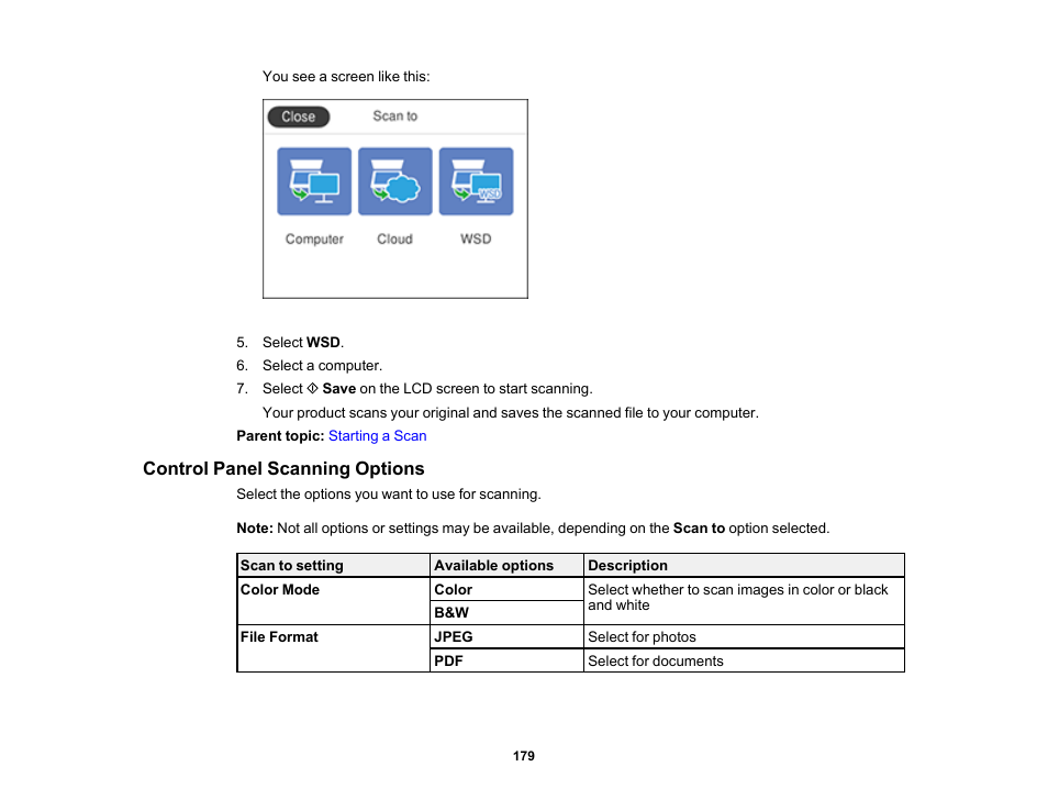 Control panel scanning options | Epson EcoTank Pro ET-5150 Wireless All-in-One Supertank Printer User Manual | Page 179 / 387