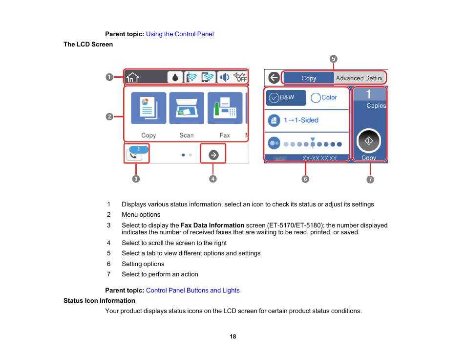 The lcd screen, Status icon information, The lcd screen status icon information | Epson EcoTank Pro ET-5150 Wireless All-in-One Supertank Printer User Manual | Page 18 / 387