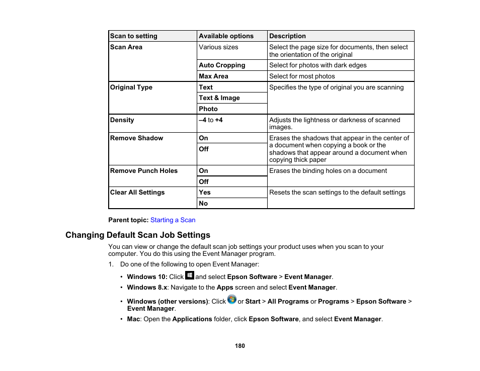 Changing default scan job settings | Epson EcoTank Pro ET-5150 Wireless All-in-One Supertank Printer User Manual | Page 180 / 387